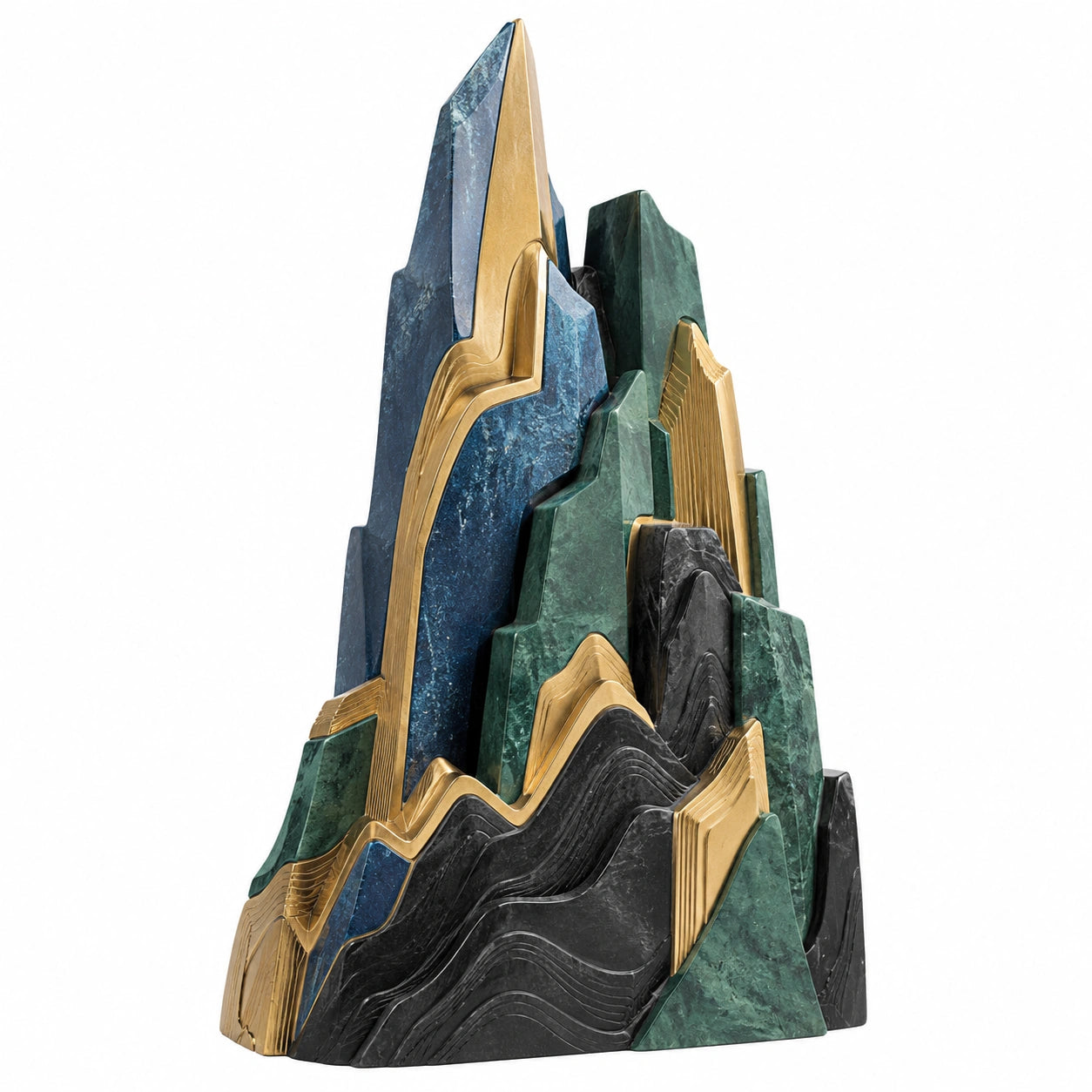Escultura Decorativa Abstracta de Montaña en Azul, Verde, Dorado y Negro