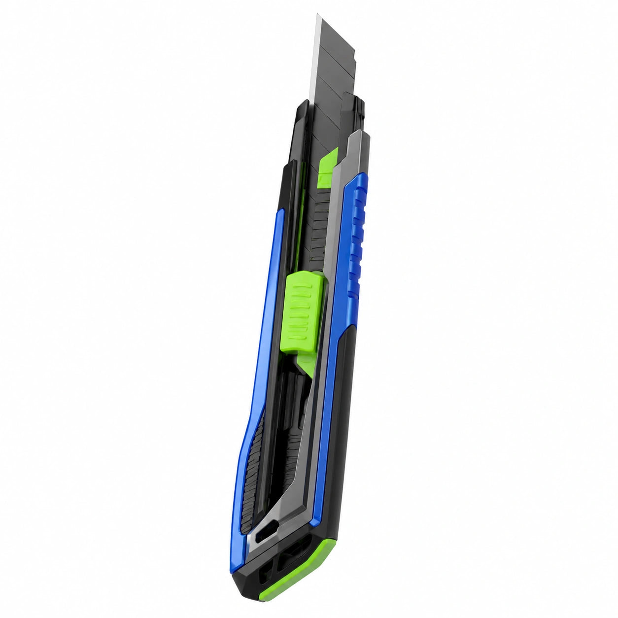 Cúter Retráctil Azul/Negro/Verde con Hoja Segmentada y Seguro de Bloqueo