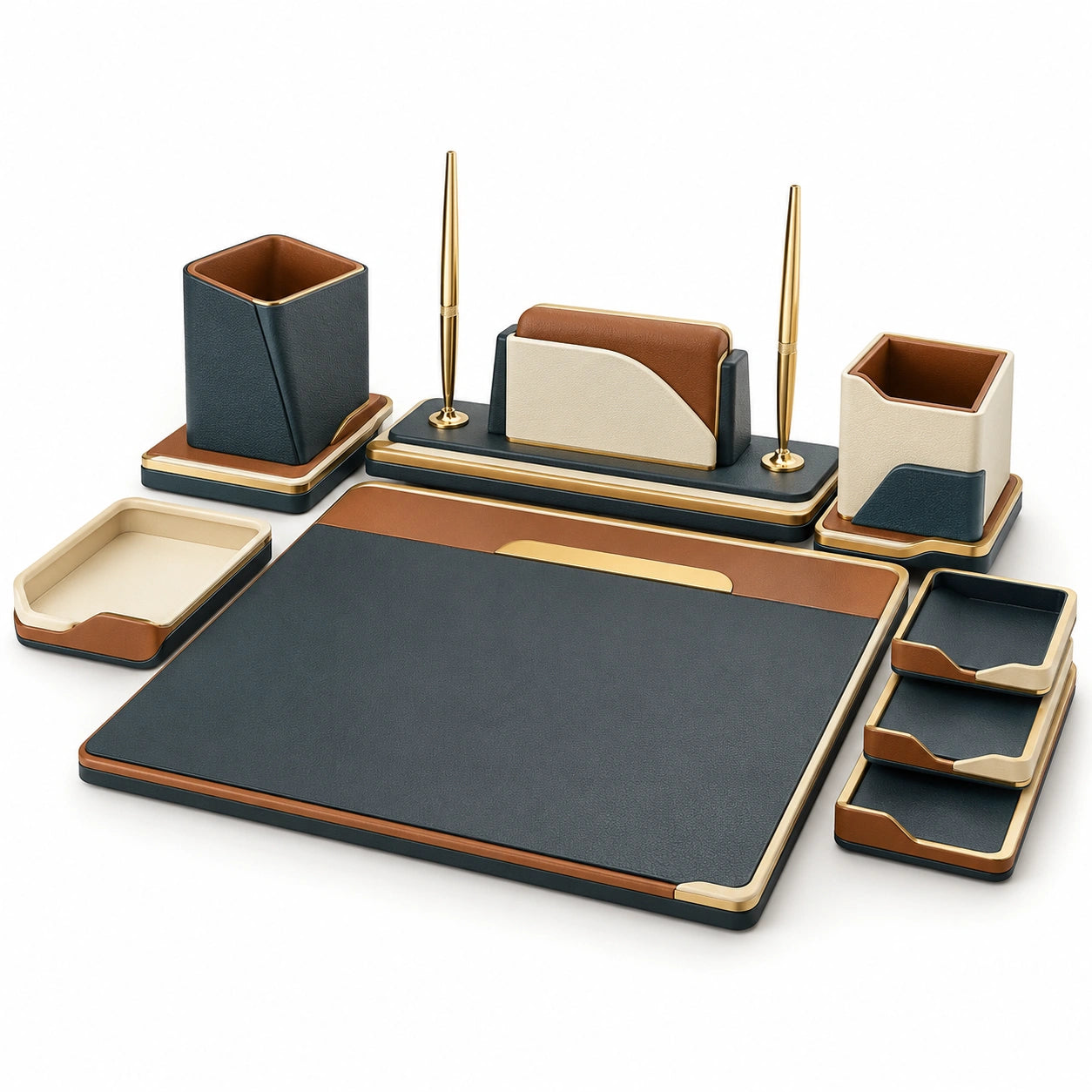 Set de Accesorios de Escritorio en Azul Marino, Beige y Marrón con Organizadores