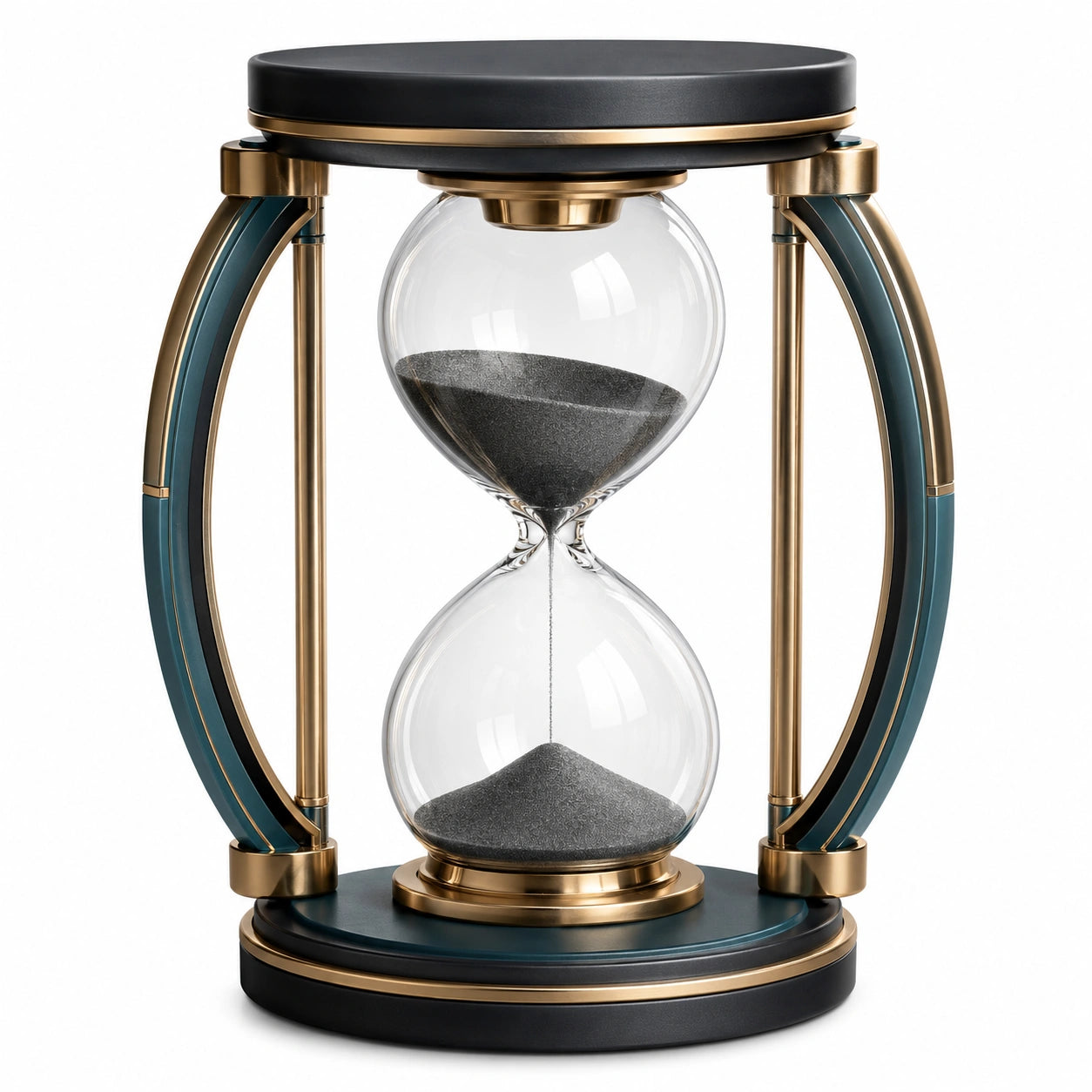 Reloj de arena decorativo con estructura dorada y base negra