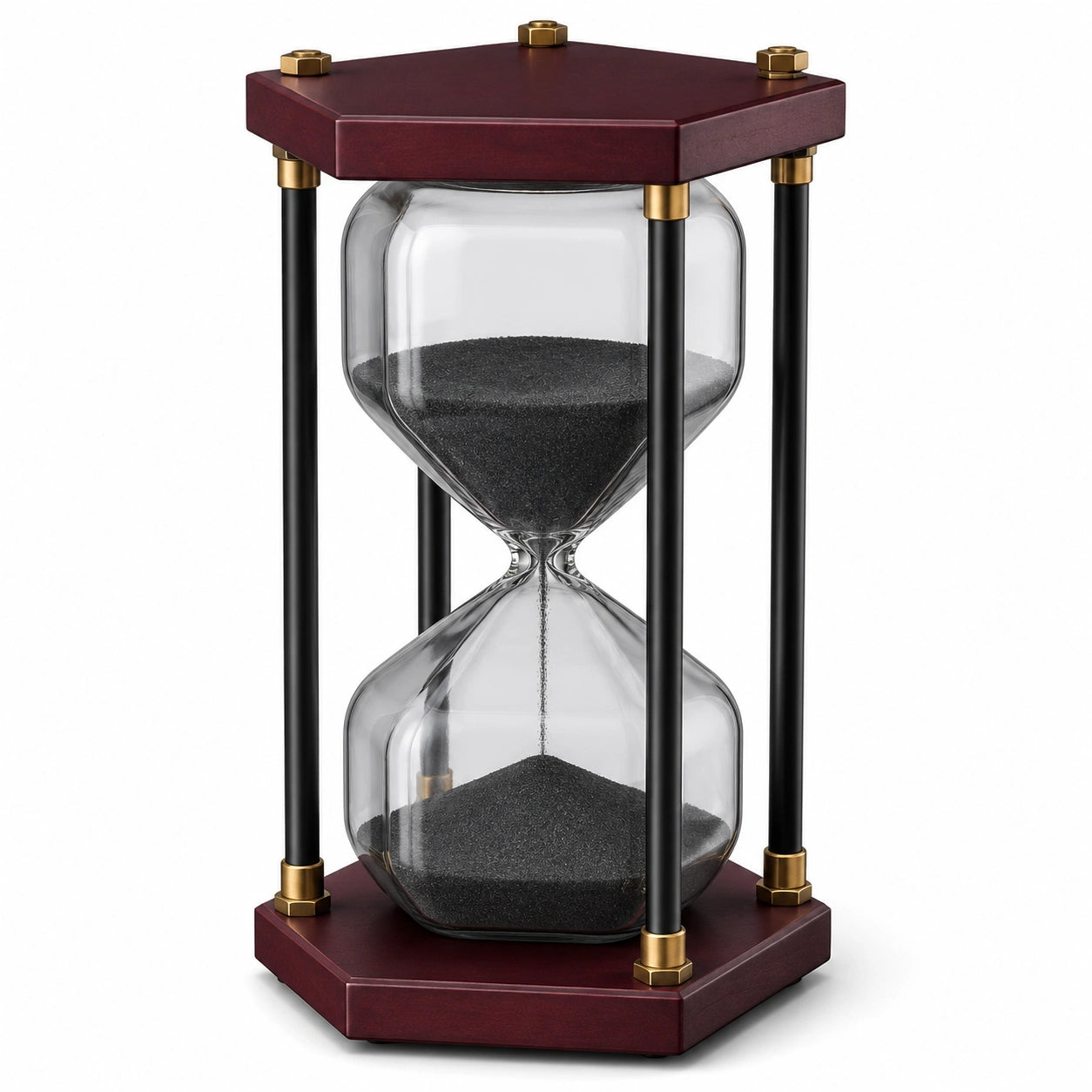 Reloj de Arena Decorativo Hexagonal con Base de Madera y Soporte Metálico