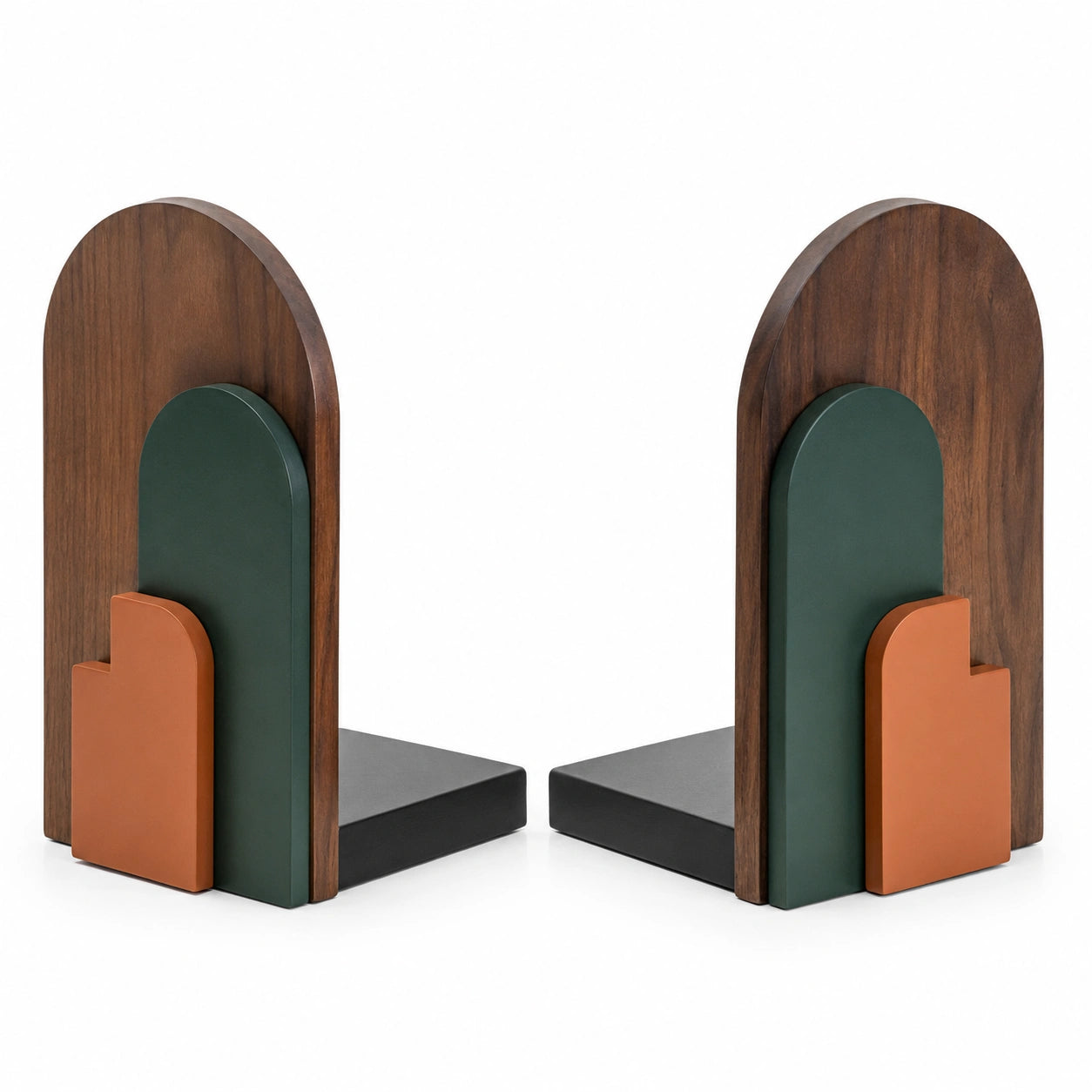 Sujetalibros Geométricos en Madera con Colores Marrón, Verde y Naranja